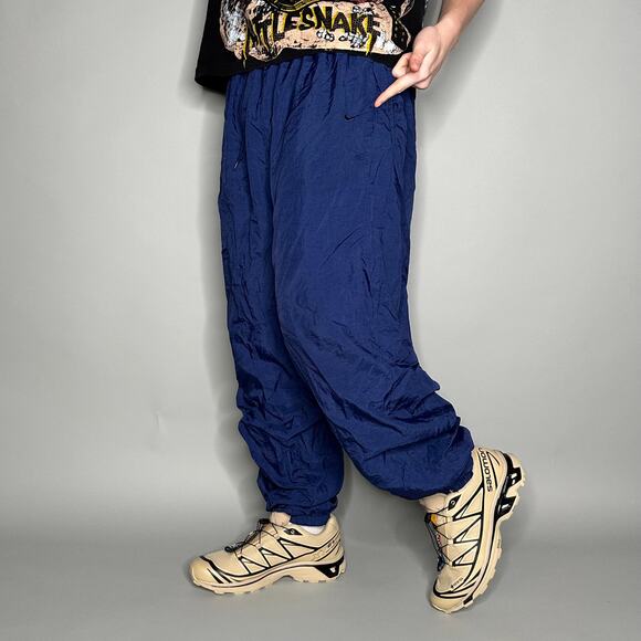 Vintage Nike Track Pants Navy Blue Nylon Joggers Subtle Embroidered Logo 90s - Picture 2 of 5